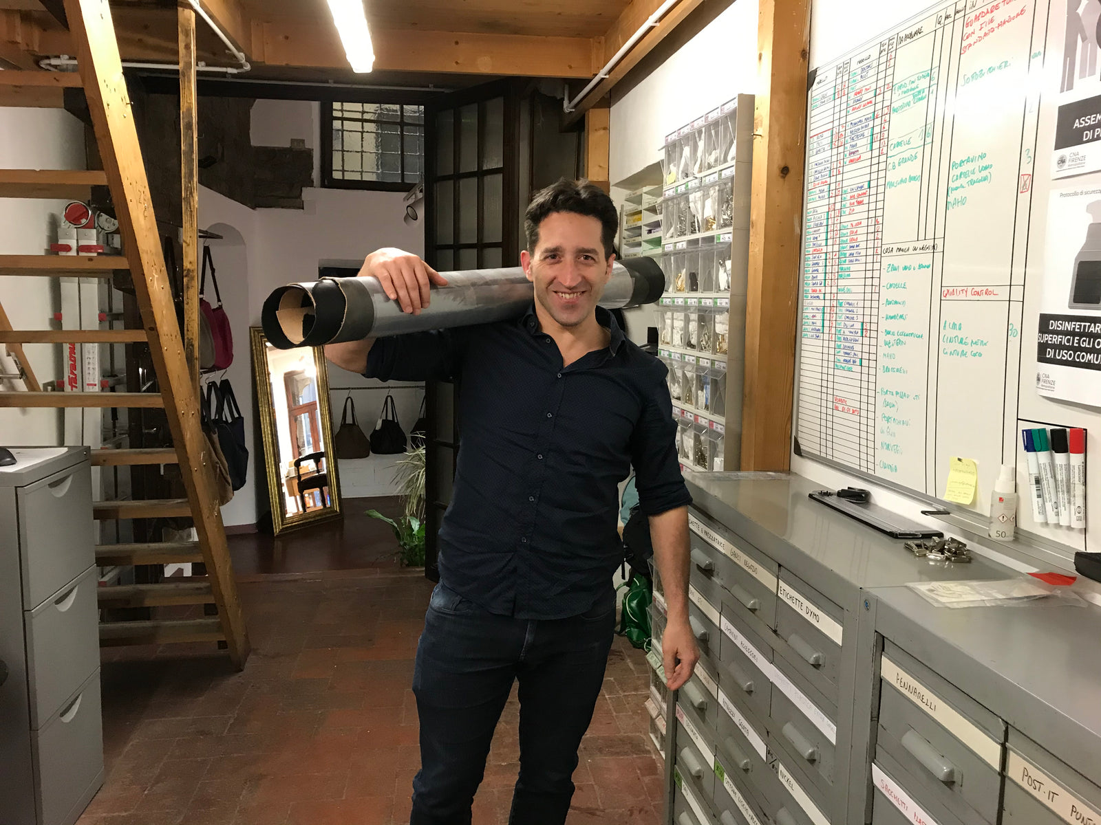 Aaron with leather bought in Santa Croce sull'Arno; Aaron con pelle acquistata a Santa Croce sull'Arno